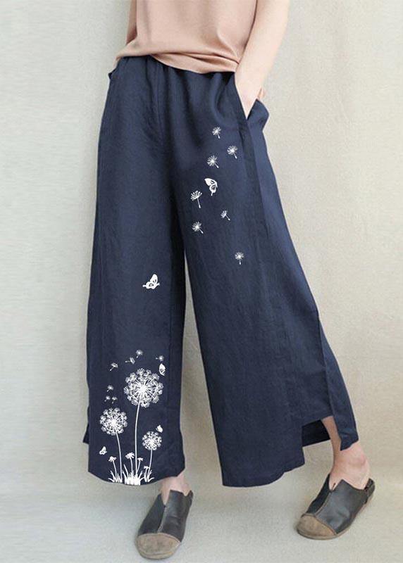 Handmade Khaki Print Dandelion Wide Leg Pants Summer Cotton Linen - SooLinen