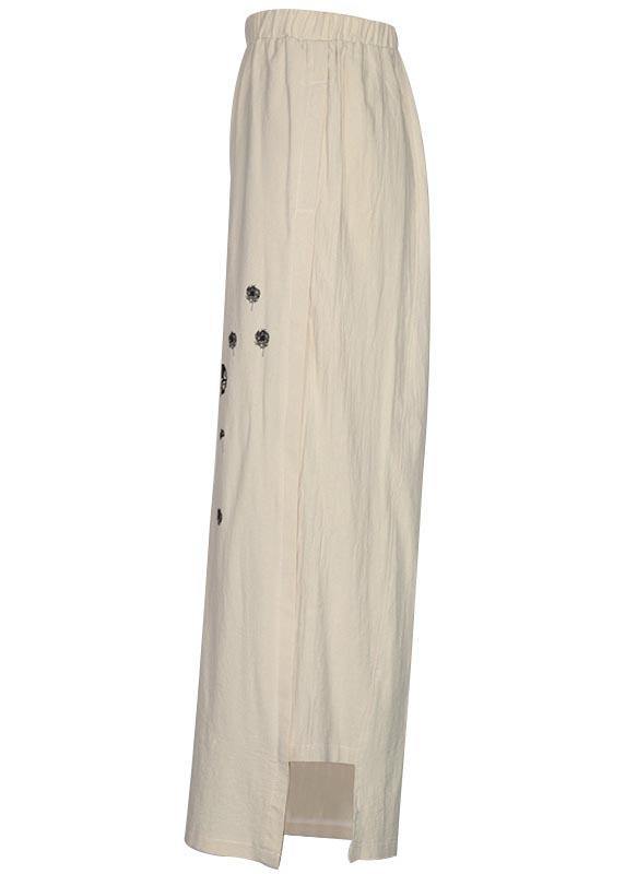 Handmade Khaki Print Dandelion Wide Leg Pants Summer Cotton Linen - SooLinen