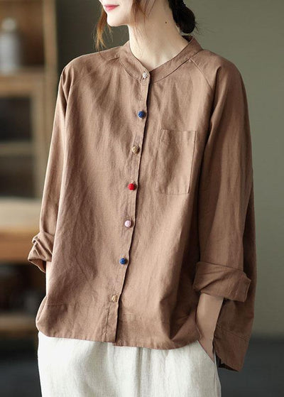 Handmade Khaki Retro O-Neck Button Fall Top Long Sleeve - SooLinen