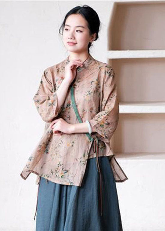 Handmade Khaki Stand Collar Print Patchwork Linen Shirts Summer