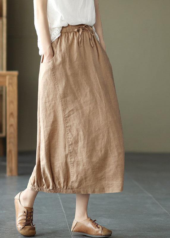 Handmade Khaki Tie Waist Patchwork Summer A Line Skirt Linen - SooLinen
