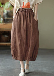 Handmade Khaki Tie Waist Patchwork Summer A Line Skirt Linen - SooLinen