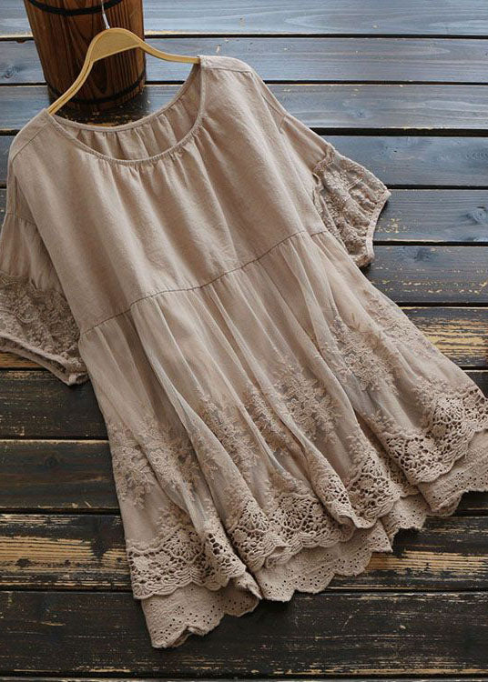 Handmade Khaki Tulle Embroidered Patchwork Cotton Top Summer