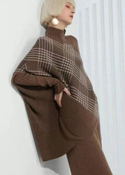 Handmade Khaki Turtle Neck Thick Plaid Knitted Tops Batwing Sleeve