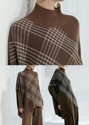 Handmade Khaki Turtle Neck Thick Plaid Knitted Tops Batwing Sleeve