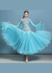 Handmade Lake Blue Zircon Patchwork Dance Dress Long Sleeve