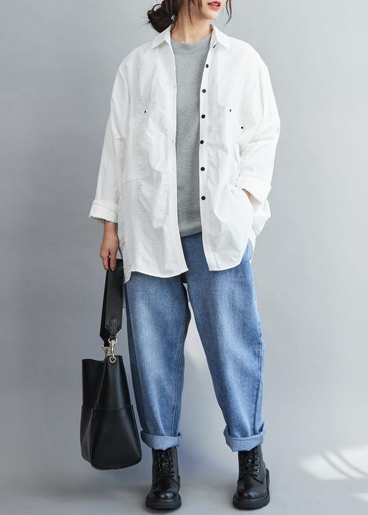 Handmade Lapel Collar  Cotton spring Clothes White tunic shirt - SooLinen