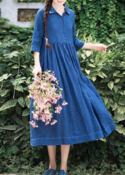 Handmade Lapel Half Sleeve Spring Tunics Shirts Blue Dress - SooLinen