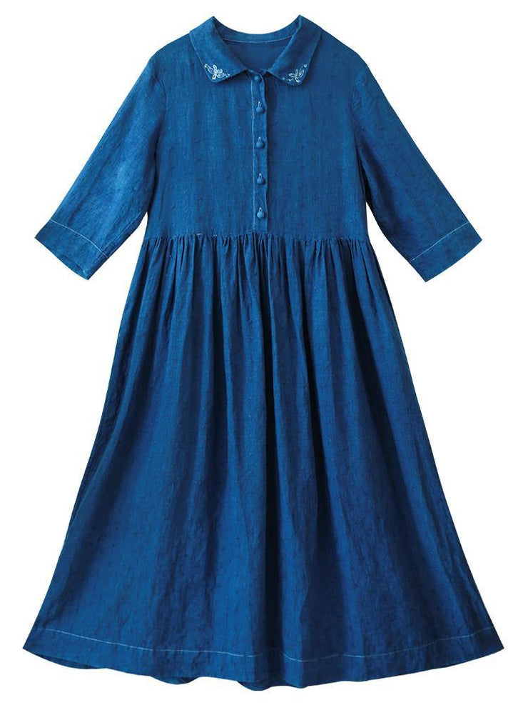 Handmade Lapel Half Sleeve Spring Tunics Shirts Blue Dress - SooLinen