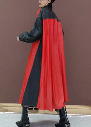Handmade Lapel Patchwork Spring Long Dress Photography Red Kaftan Dress - SooLinen