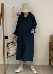 Handmade Lapel Pockets Spring Outfit Wardrobes Blue Dress - SooLinen