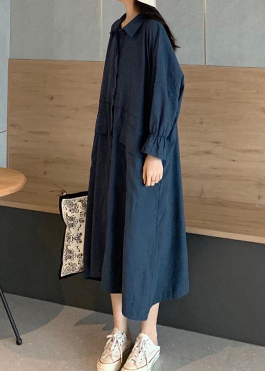 Handmade Lapel Pockets Spring Outfit Wardrobes Blue Dress - SooLinen