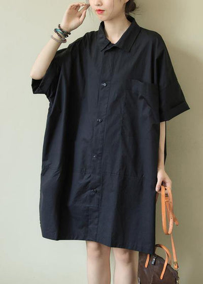 Handmade Black Plus Size Dress Lapel Summer Clothes Ideas - SooLinen