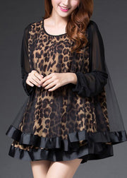Handmade Leopard Patchwork Chiffon Shirt Tops Long Sleeve