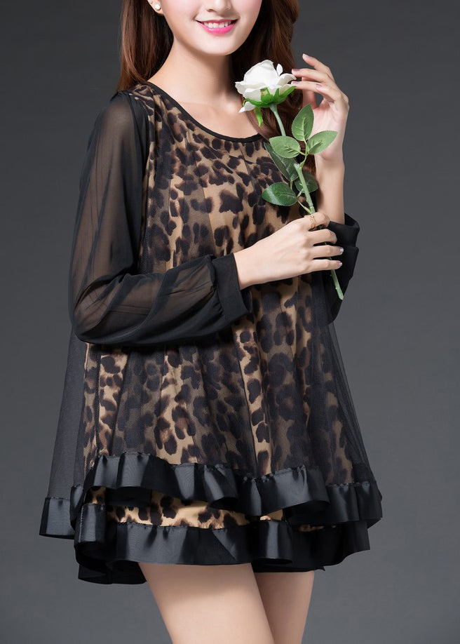 Handgefertigtes Chiffon-Shirt mit Leopardenmuster und langen Ärmeln