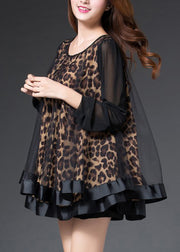 Handmade Leopard Patchwork Chiffon Shirt Tops Long Sleeve