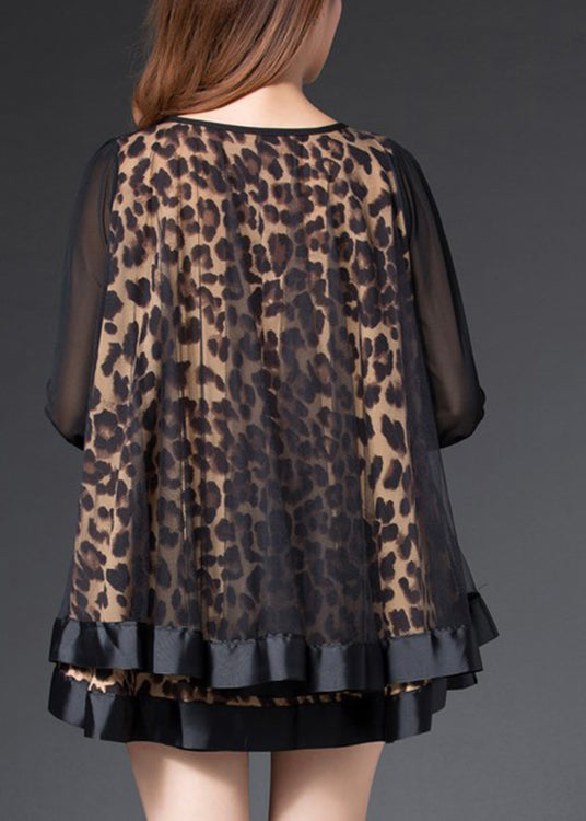 Handgefertigtes Chiffon-Shirt mit Leopardenmuster und langen Ärmeln
