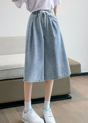 Handgefertigte, hellblaue, elastische Taillen-Kordelzug-Baumwoll-Lose-Crop-Hosen für den Sommer