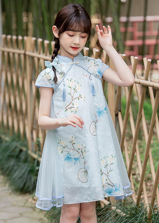 Handmade Light Blue Stand Collar Embroidered Button Tassel Tulle Patchwork Kids Maxi Dresses Short Sleeve