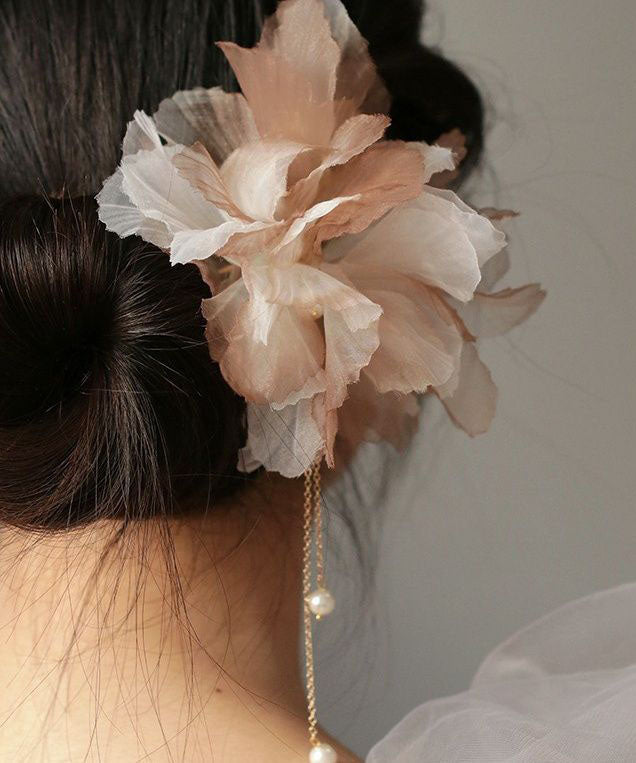 Handmade Light Brown Gradient Color Tulle Floral U Shaped Pearl Tassel Hairpin