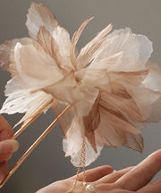 Handmade Light Brown Gradient Color Tulle Floral U Shaped Pearl Tassel Hairpin