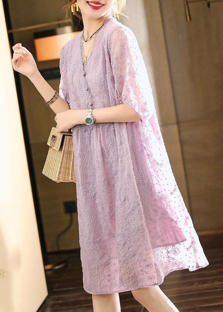 Handmade Light Purple V Neck Embroidered Lace Dresses Summer