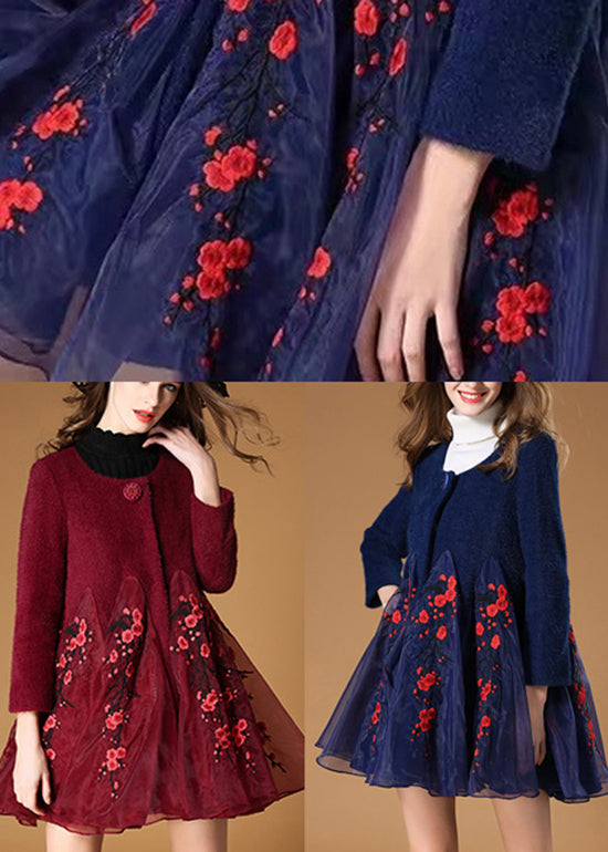 Handmade Mulberry Tulle Embroidered Patchwork Fall Woolen Coat
