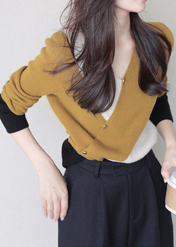 Handgemachte senfgelbe Patchwork-Pullover aus dickem Kaschmir mit V-Ausschnitt und langen Ärmeln
