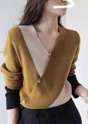 Handgemachte senfgelbe Patchwork-Pullover aus dickem Kaschmir mit V-Ausschnitt und langen Ärmeln
