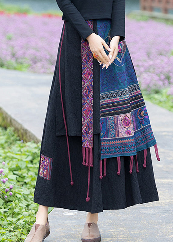 Handmade Navy Embroidered Floral Elastic Waist Tassel Linen Skirt Fall