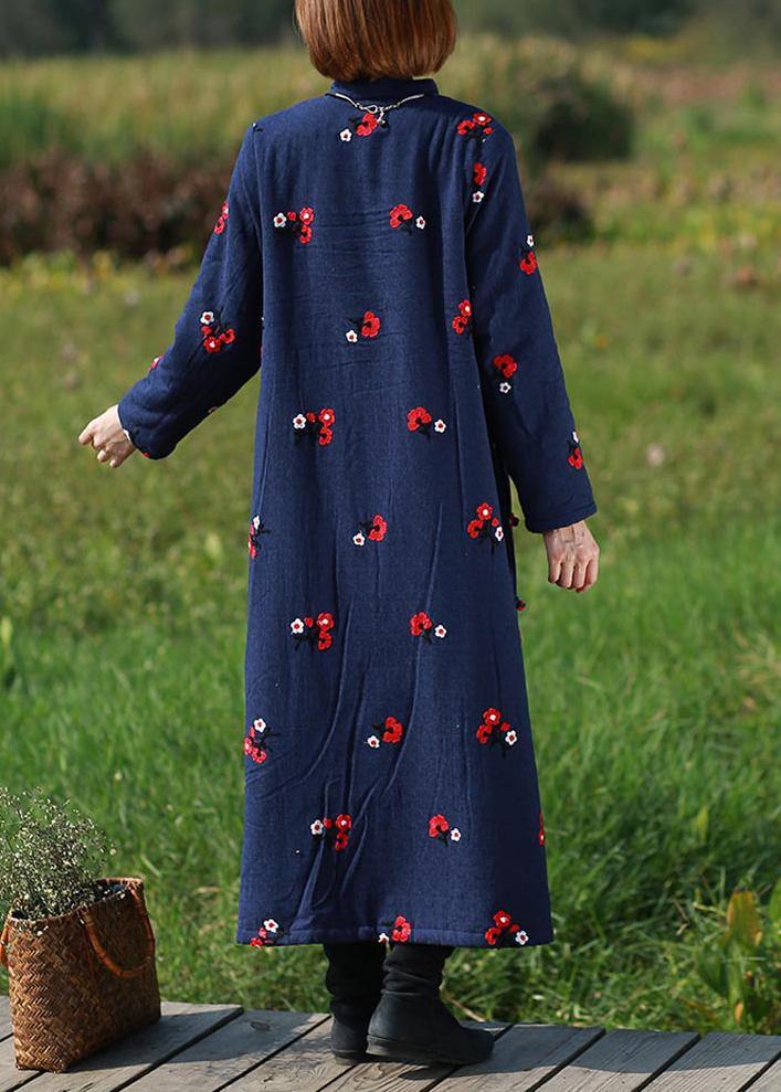 Handmade Navy Embroidery Tunics Stand Collar Robe Spring Dresses - SooLinen