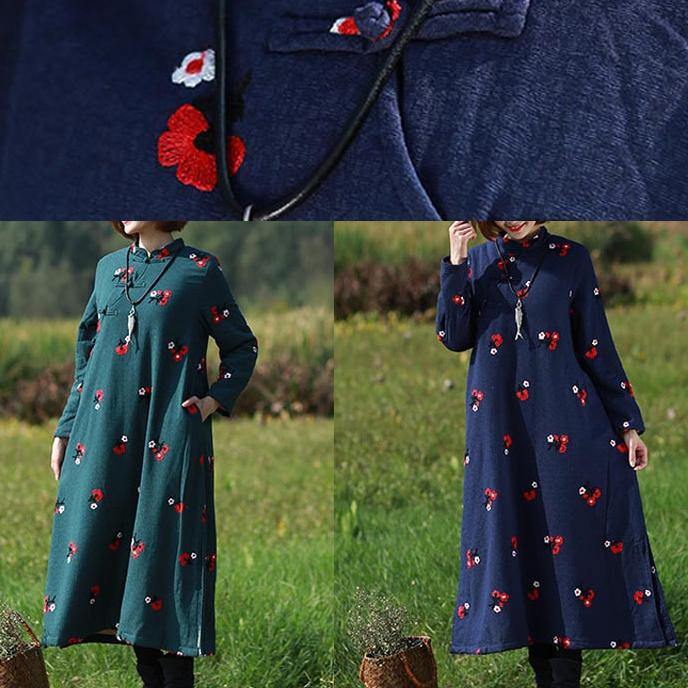 Handmade Navy Embroidery Tunics Stand Collar Robe Spring Dresses - SooLinen