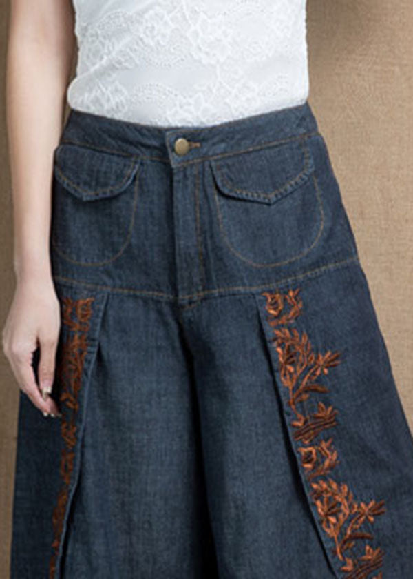 Handmade Navy High Waist Embroidered Asymmetrical Design Pockets Cotton Crop Pants Summer