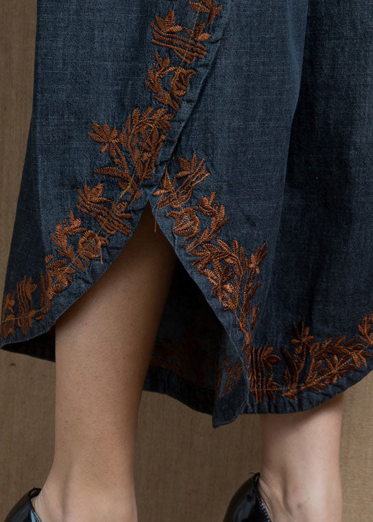Handmade Navy High Waist Embroidered Asymmetrical Design Pockets Cotton Crop Pants Summer