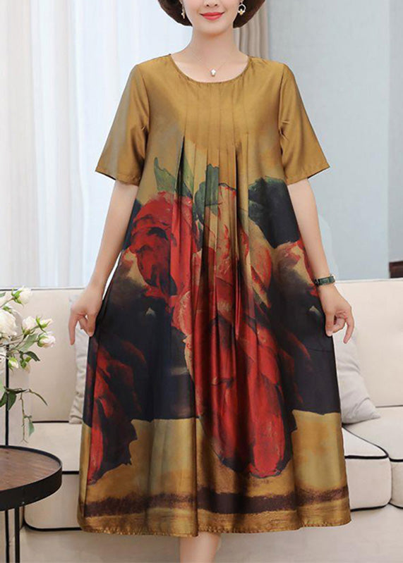 Handmade Navy O-Neck Print Silk Long Dress Summer