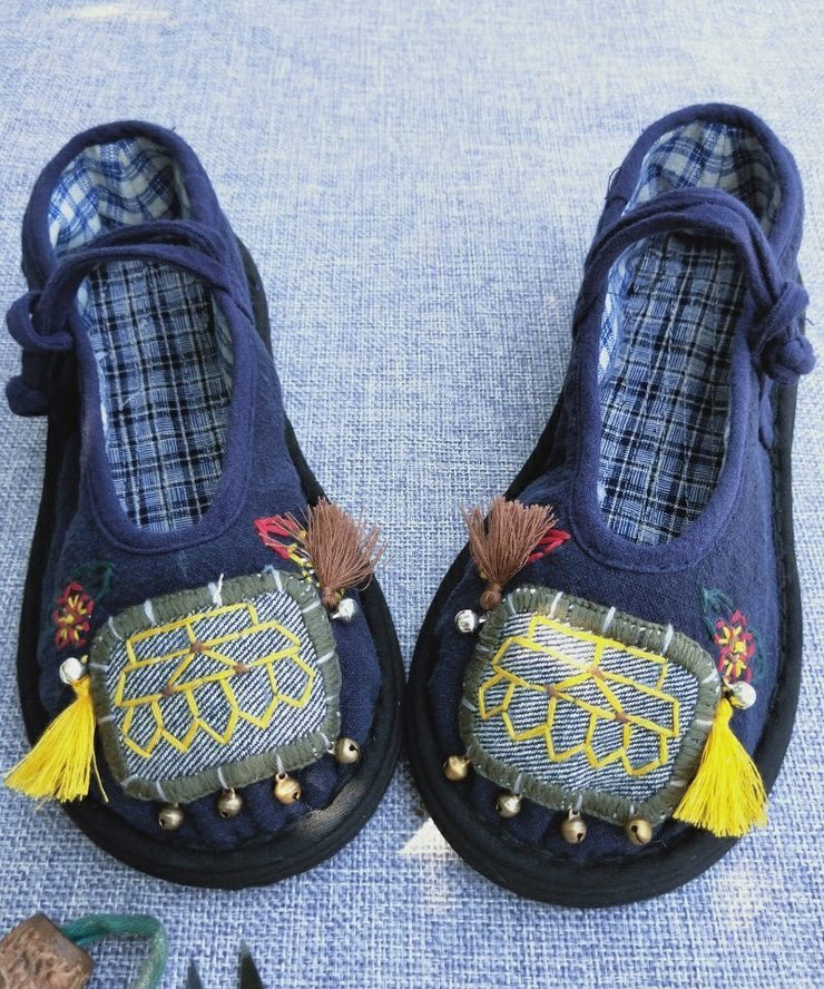 Handmade Navy Tassel Splicing Women Cotton Fabric Flat Feet Shoes