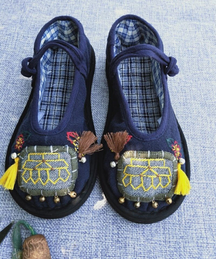 Handmade Navy Tassel Splicing Women Cotton Fabric Flat Feet Shoes