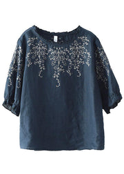 Handmade Navy lantern Sleeve Ruffled Summer Linen Shirt Tops - SooLinen