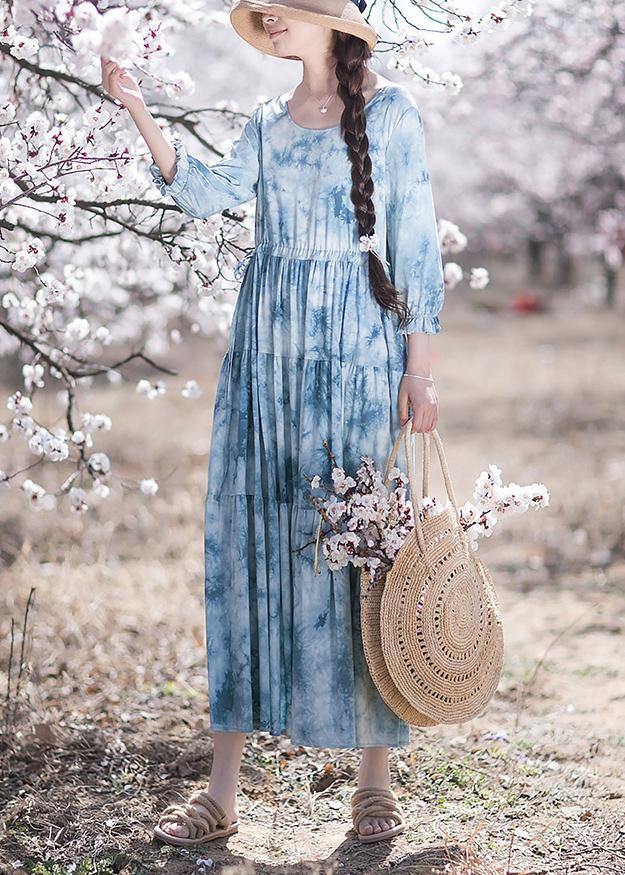 Handmade O-Neck Drawstring Summer Soft Long Blue Dress - SooLinen