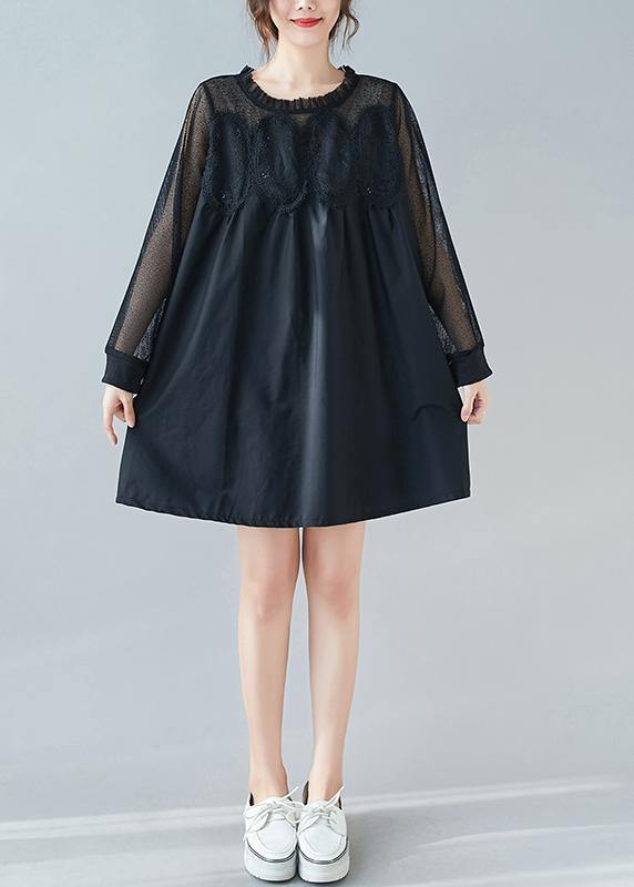 Handmade O Neck Patchwork Lace Dresses Shape Black Dresses - SooLinen