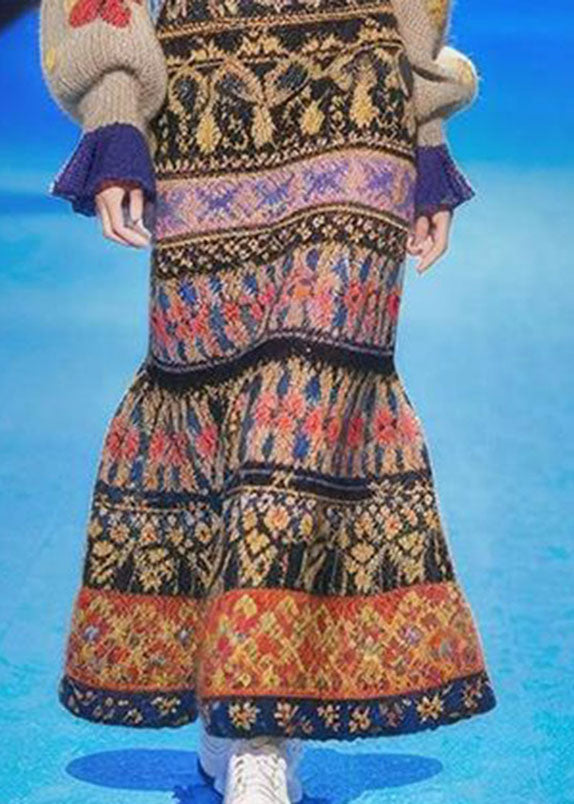 Handmade O-Neck Print Cotton Knit Long A Line Sweater Dress Long Sleeve