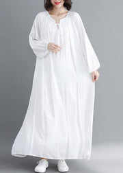 Handmade O Neck large hem Spring Outfit Sleeve White Traveling Dress - SooLinen