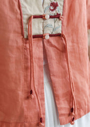 Handgemachte orangefarbene Patchwork-Baumwoll-Leinen-Hemd-Armband-Ärmel mit tiefem V-Ausschnitt
