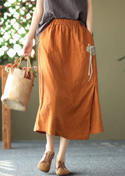 Handmade Orange Elastic Waist Oriental Button Linen Skirts Summer