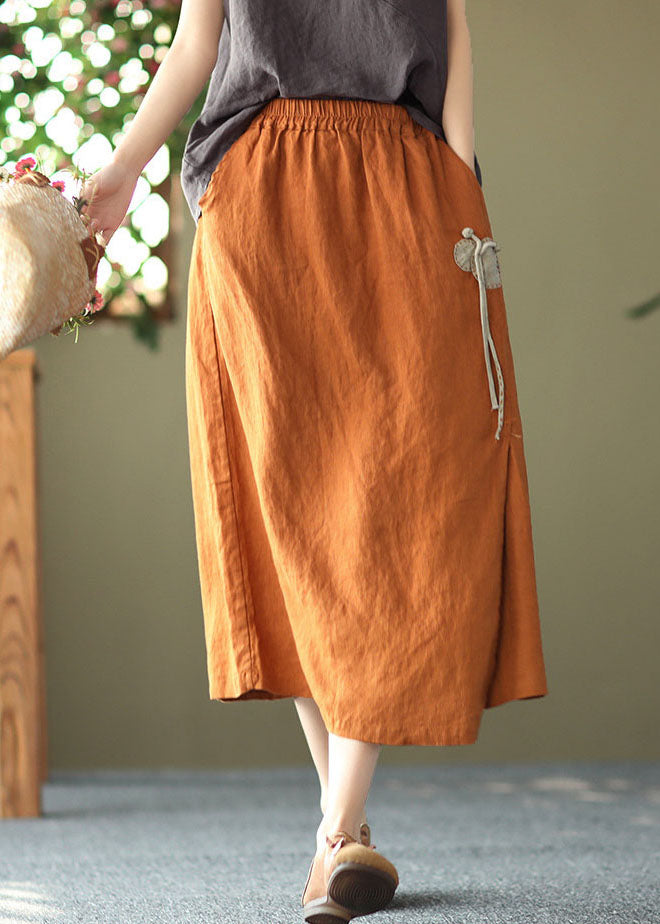 Handmade Orange Elastic Waist Oriental Button Linen Skirts Summer