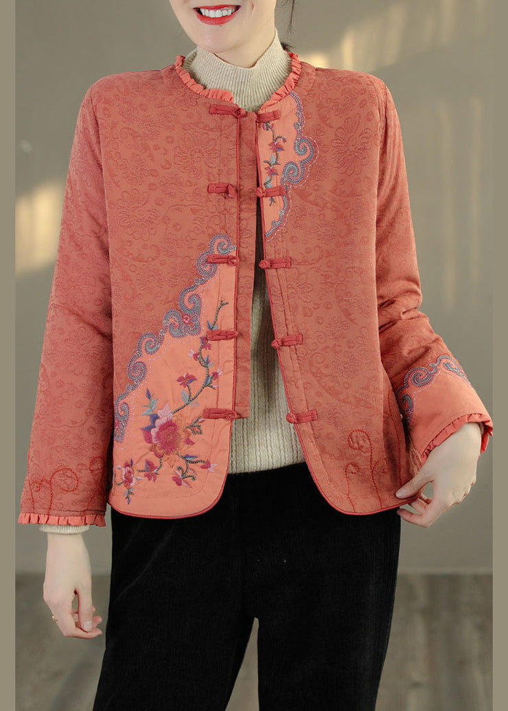 Handmade Orange Embroidered Patchwork Fine Cotton Filled Coat Outwear Spring