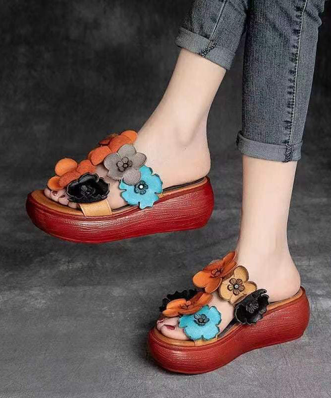 Handmade Orange Floral Platform Cowhide Leather Slide Sandals