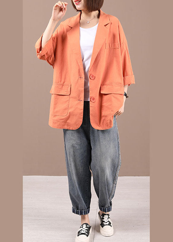 Handmade Orange Loose Button Pockets Fall Coats Long Sleeve
