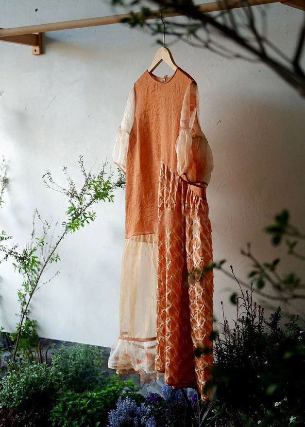 Handmade Orange O Neck Wrinkled Patchwork Cotton Dress Summer