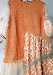 Handmade Orange O Neck Wrinkled Patchwork Cotton Dress Summer